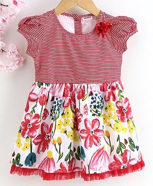 Babyhug Short Sleeves Frock Floral Print - Pink Red