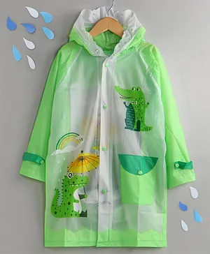 Full Sleeves Hooded Raincoat with Pouch Crocodile Print - Green White