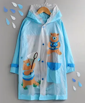 Full Sleeves Hooded Raincoat with Pouch Bear Print -Blue