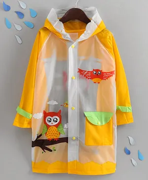 Full Sleeves Hooded Raincoat Owl Print - Yellow