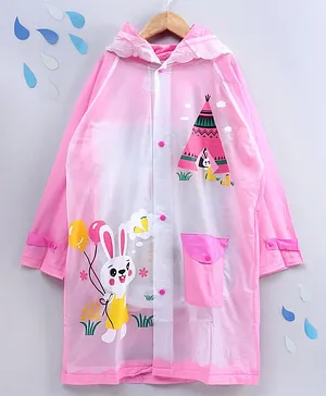 Full Sleeves Hooded Raincoat with Pouch Bunny Print - Pink