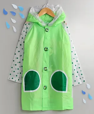 Full Sleeves Hooded Raincoat with Pouch Dot Print - Green White