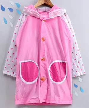 Full Sleeves Hooded Raincoat with Pouch Dot Print - Pink White