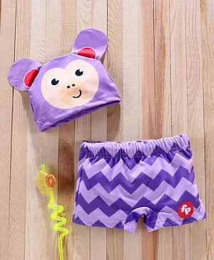 Mom's Love Swimming Trunks with Cap Chevron Pattern - Purple