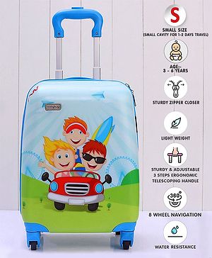 Babyhug Kid's Small 1 Day Trip Trolley Bag Car Print - 18 Inches| Shock Resistant| Telescopic Handle| Water Resistant| Easy Zipper Closure| Durable Wheels
