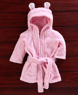 Babyhug Full Sleeves Hooded Velour Bath Robe with 3D Ears - Pink