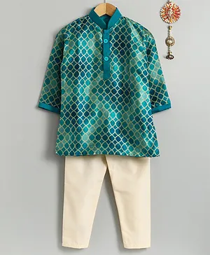 Asthetika Printed Full Sleeves Kurta & Pajama Set - Blue