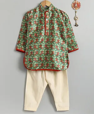 Asthetika Full Sleeves Umbrella Print Kurta & Pyjama Set - Green Cream