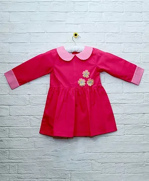 Mish Organic Small Flower Patch Detailing Full Sleeves Organic Cotton Dress - Pink