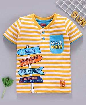 Babyhug Half Sleeves Striped Tee Beach Print - Yellow - 5-6Y White