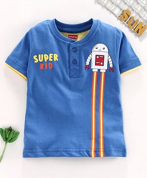Babyhug Half Sleeves Henley Tee Rocket Print - Blue - 9-12m Blue