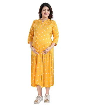 Mamma's Maternity Three Fourth Sleeves All Over Heart Printed Dress - Yellow