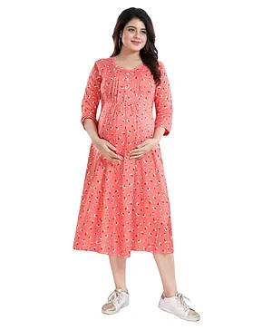 Mamma's Maternity Three Fourth Sleeves All Over Cherry Printed Dress - Peach