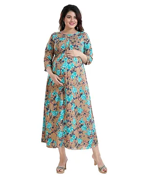 Mamma's Maternity Three Fourth Sleeves Flower Printed Dress - Brown & Sky Blue