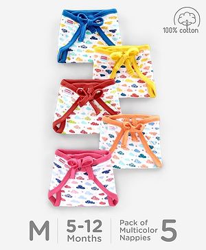 Babyhug Interlock Cloth Nappy Set of 5 Medium - Cloud Print - Medium Multi Color