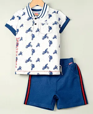 Young Birds Half Sleeves Bike Print Tee With Shorts - White Blue