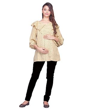 Kriti Peasant Sleeves Maternity Nursing Stripe Top - Beige