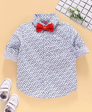 Babyhug Half Sleeves Party Wear Shirt with Bow - White Blue