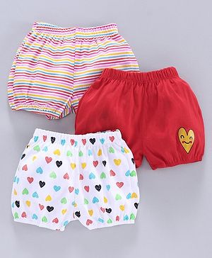 Babyhug 100% Cotton Bloomer Striped & Heart Print Pack of 3 - White Pink