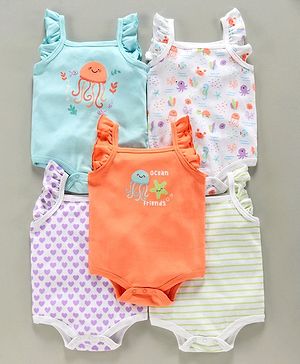 Babyhug 100% Cotton Flutter Sleeves Onesies Multiprint Pack of 5 - Multicolor