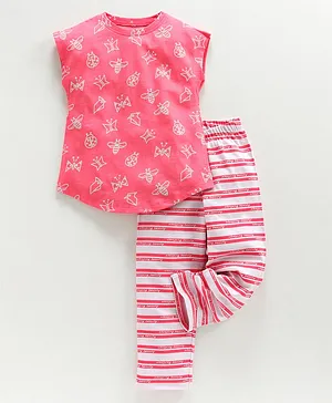 Ventra Sleeveless Butterfly & Ladybug Printed Night Suit - Pink