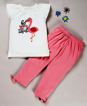 Pranava Organic Cotton Cap Sleeves Flamingo Patch Detailed Top & Pants Set - Pink & White