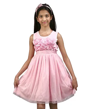 KIDSDEW Floral Yoke Sleeveless Dress - Light Pink
