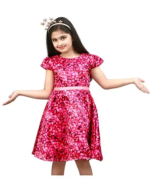 KIDSDEW Cap Sleeves Bubble Print Dress - Pink