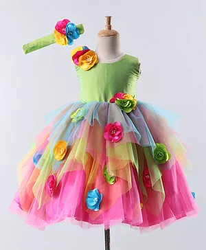 Li&Li BOUTIQUE Sleeveless Flower Applique Flared Dress With Headband - Pink & Green