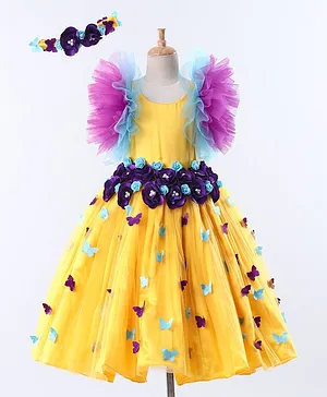 Li&Li BOUTIQUE Short Sleeves Butterfly Applique Flared Dress With Headband - Yellow