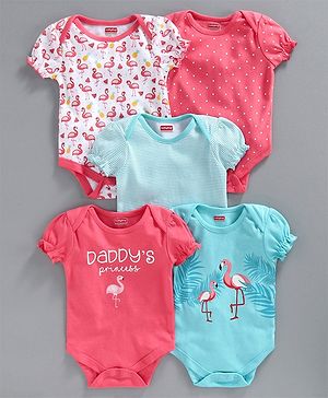 Babyhug Cotton Short Sleeves Onesie Bird Print Pack of 5 - Multicolor - Preemie Multi Color