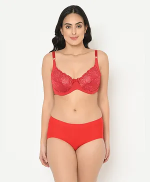 Curvy Love Floral Lace Work Bra - Red