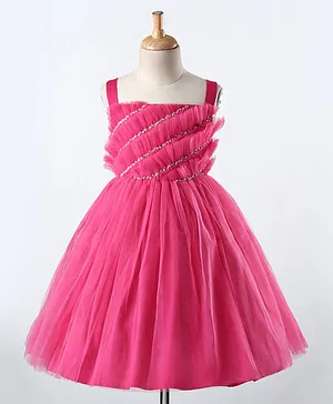 A Little Fable Solid Fit & Flare Sleeveless Layered Dress - Pink