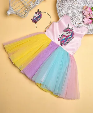 Teeni's Kidswear Sleeveless Unicorn Patch Dress With Hair Band - Pink