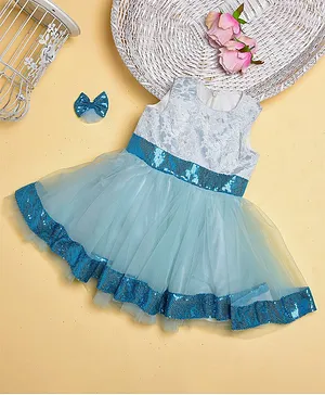 Teeni'S Kidswear Chandelier Lace Decor Sleeveless Dress With Hair Clip - Blue