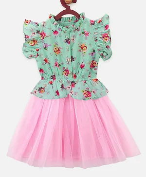 Lilpicks Couture Floral Print Short Sleeves Tulle Dress - Green & Light Pink