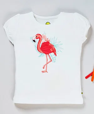 Pranava Organic Cotton Short Sleeves Flamingo Print Top - White