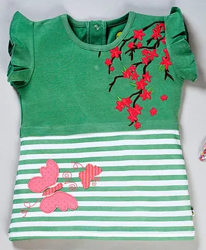 Pranava Organic Cotton Short Sleeves Flower Embroidery Detailing Top - Green