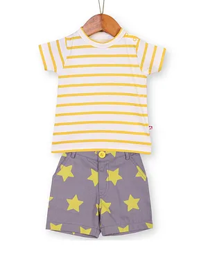 Nino Bambino Organic Cotton Striped Half Sleeves Tee & Star Printed Shorts - Yellow & Grey