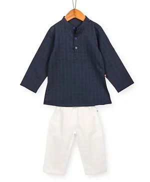 Nino Bambino Organic Cotton Checkered Full Sleeves Kurta & Pajama Set - Dark Blue