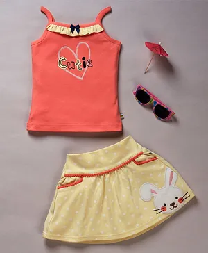 Pranava Organic Cotton Singlet Heart Design Sleeveless Top With Polka Print Skirt - Peach Yellow