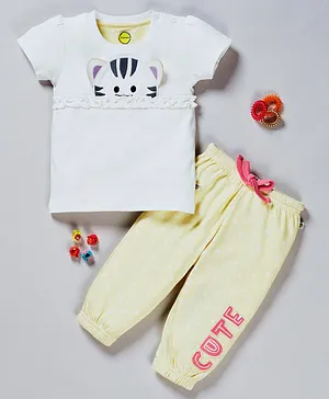 Pranava Organic Cotton Short Sleeves Kitty Design Top With Pajama - White Yellow