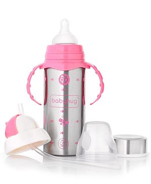 Babyhug 3-in-1 Stainless Steel Bottle with Twin Handles Pink - 180 ml - 180 ml