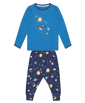 Nap Chief Organic Cotton Space Theme Full Sleeves Night Suit - Blue