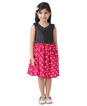 Samsara Couture Sleeveless Dots Printed Flared Dress - Black & Pink