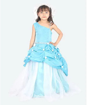 Samsara Couture Sleeveless Small Flowers Detailed Flared Netted Gown   - Sky Blue