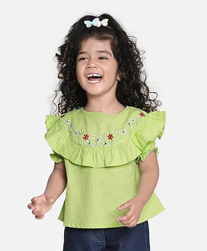 Aww Hunnie Half Sleeves Embroidery Frill Top - Green