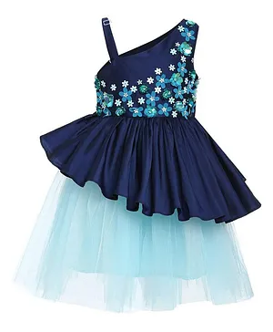 A Little Fable Flowers Applique Sleeveless Peplum Net Dress - Navy Blue