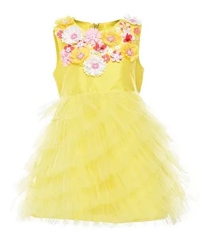 A Little Fable Flower Applique Sleeveless Cascade Dress - Yellow