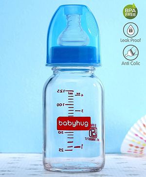 Babyhug BPA-Free Glass Baby Bottle  125 ml, Blue | Anti-Colic Silicone Nipple | Leak-Resistant | Durable | Ideal for Newborns & Toddlers